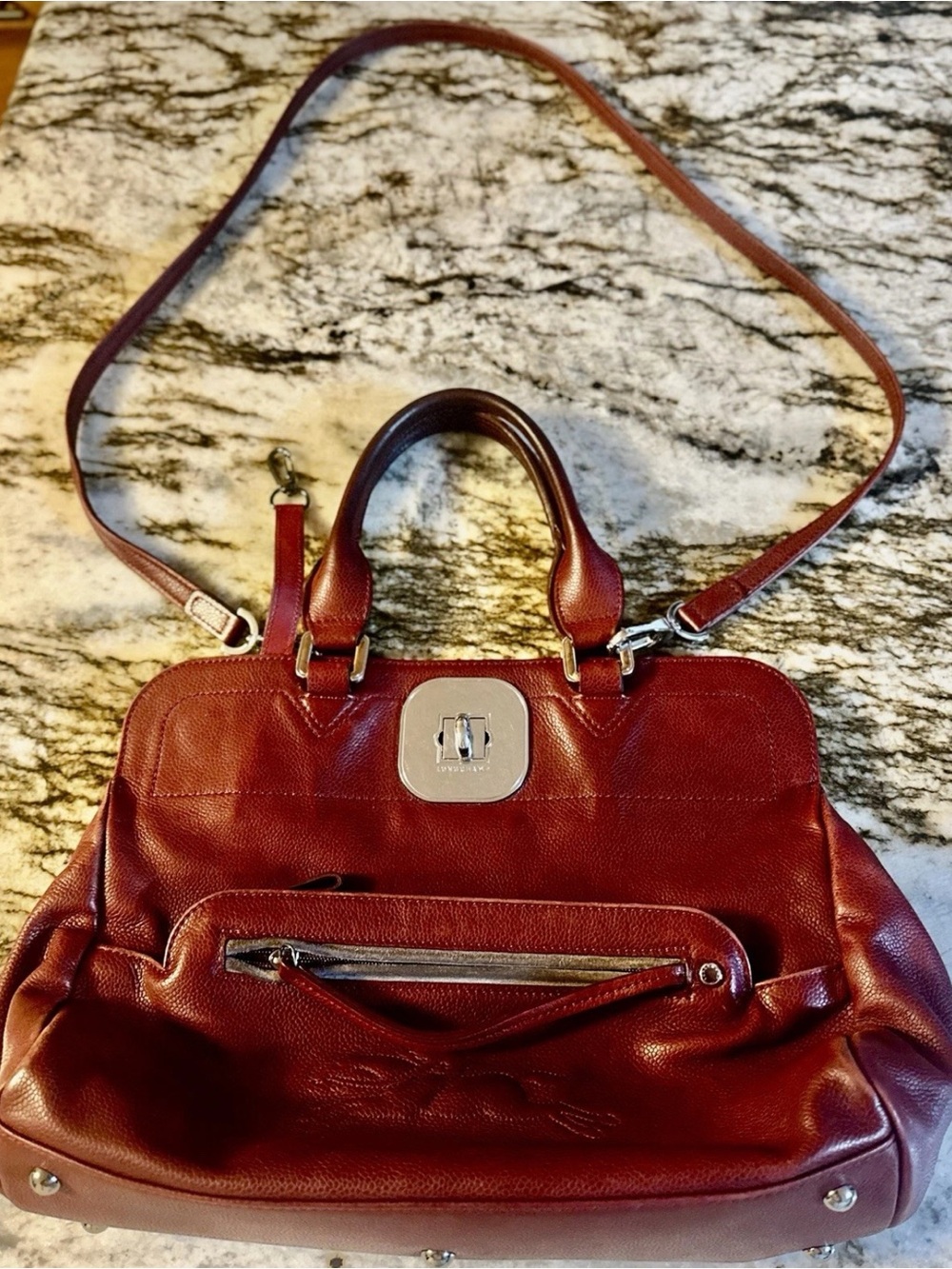 Longchamp Cognac Pebbled Leather Satchel — Silver Turnlock, Crossbody Strap